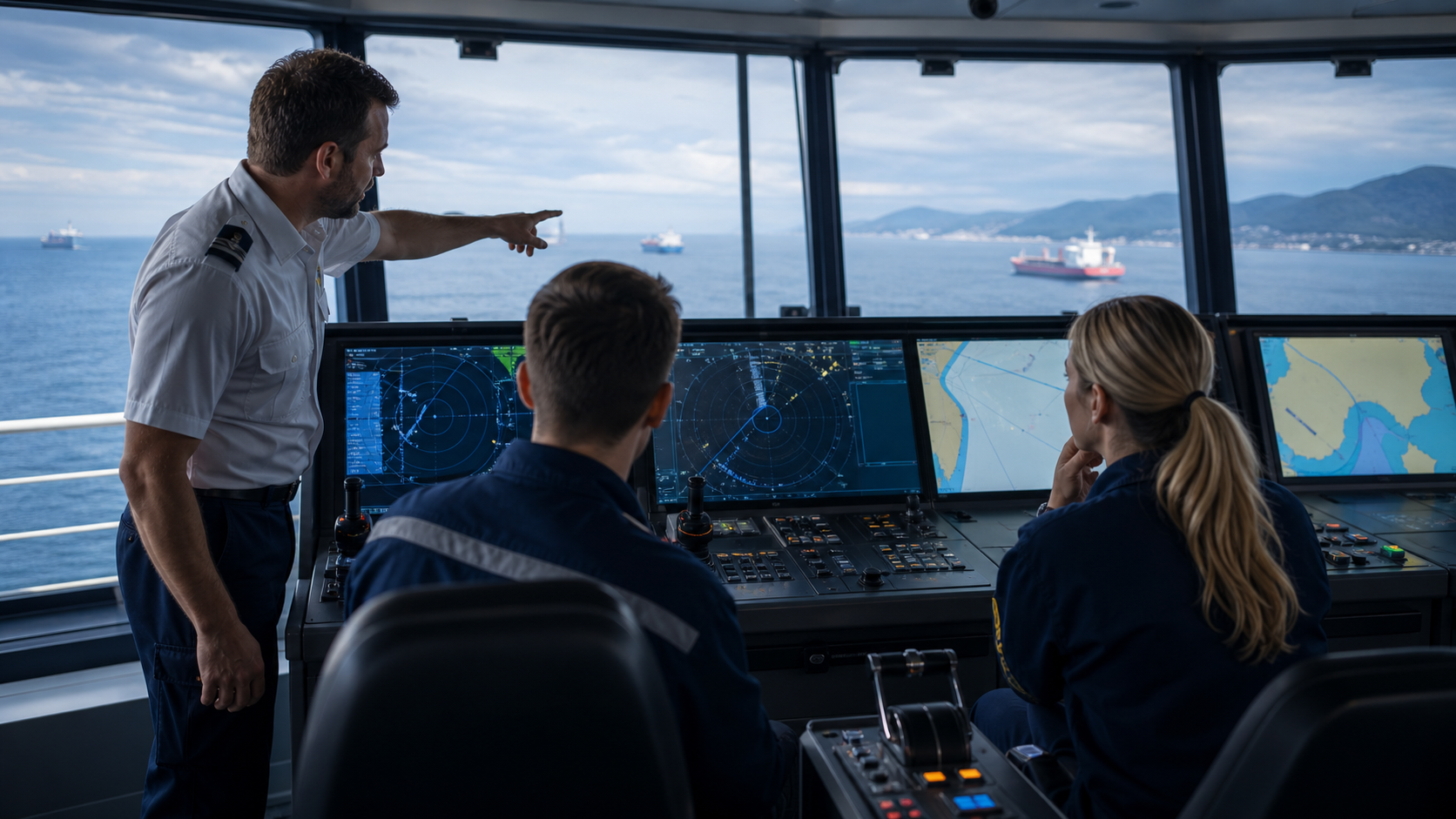 Maritime instructor leading bridge simulator navigation training