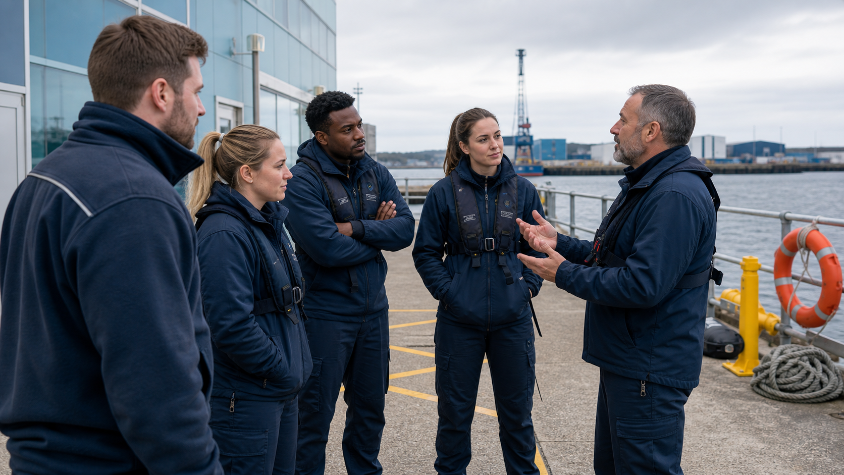 Maritime students debriefing with an instructor beside the harbour