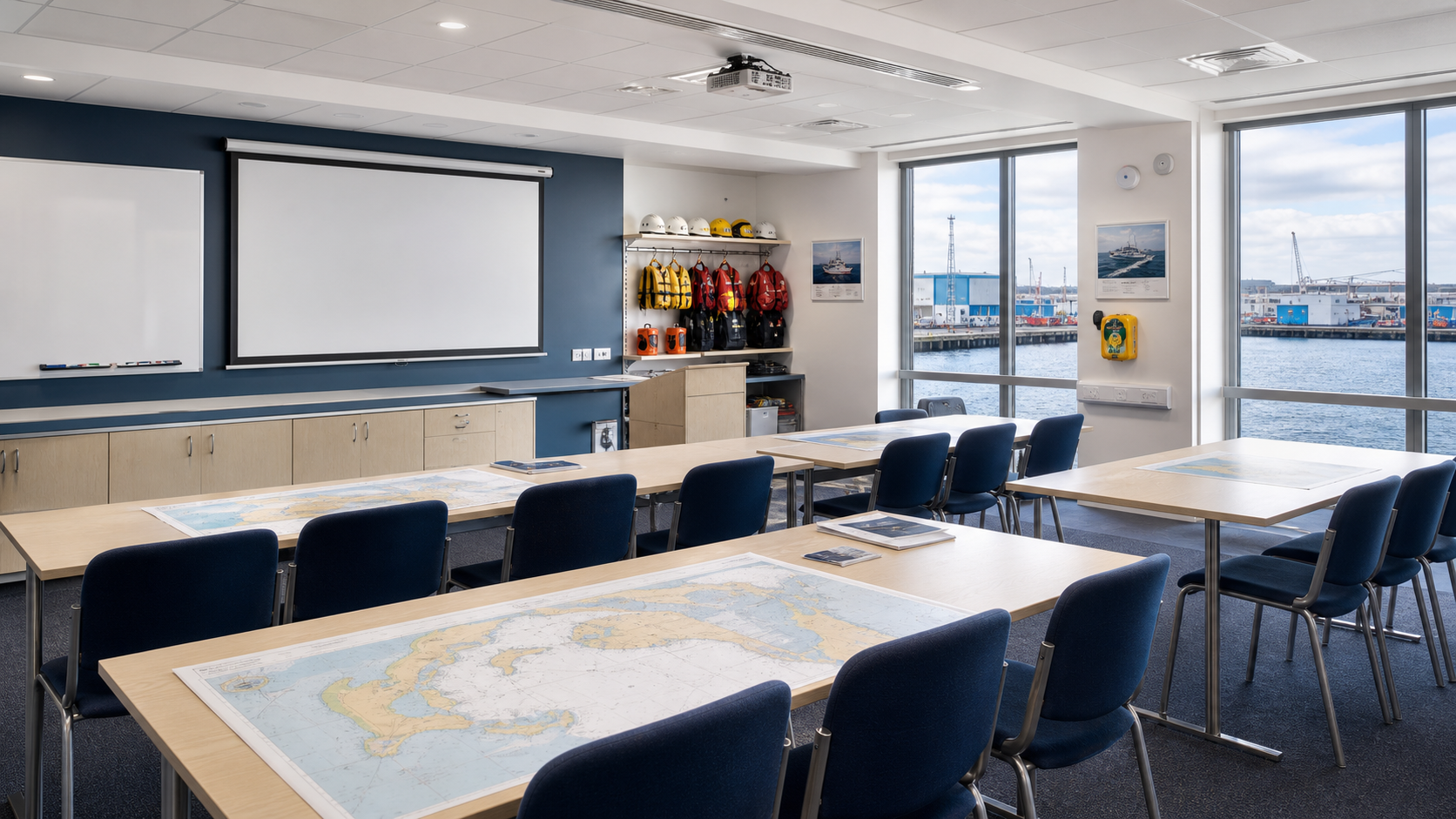 Prepared maritime training classroom with harbour views and training equipment